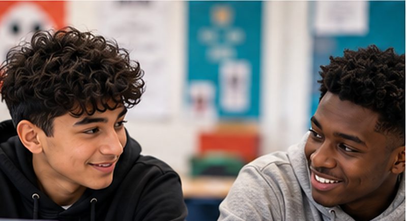 Two teenage boys smiling at each other while working at a classroom table